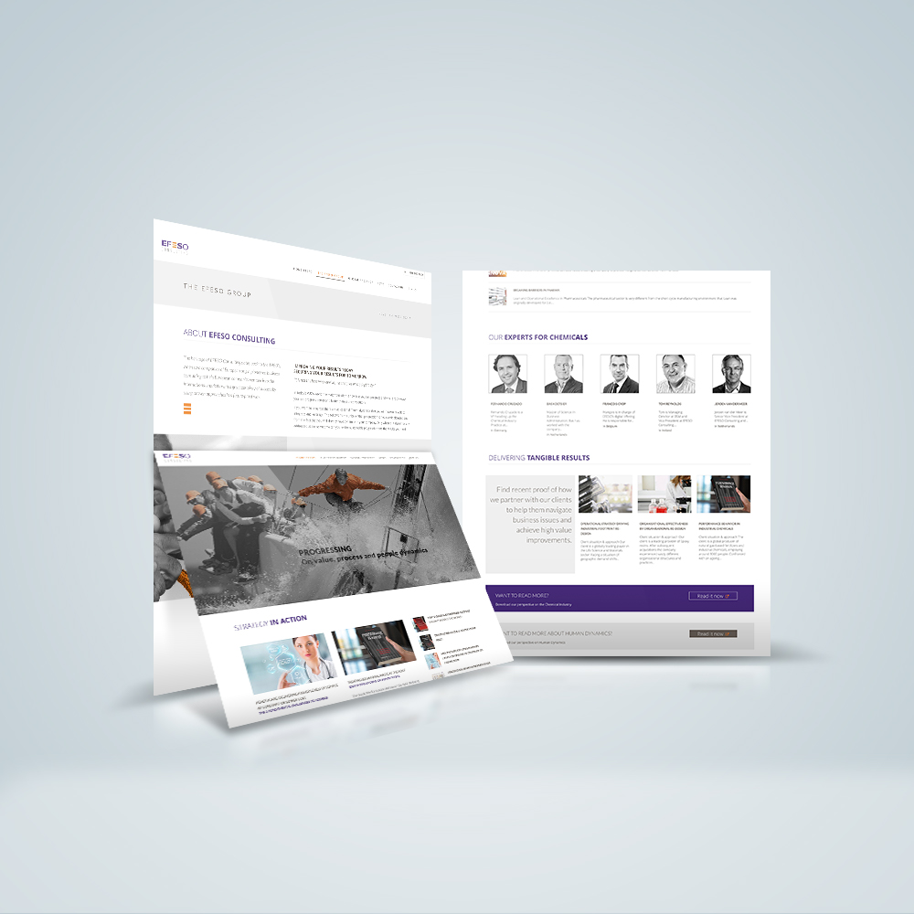 Websiteontwerp voor EFESO Consulting, gepresenteerd op een desktopbeeldscherm.