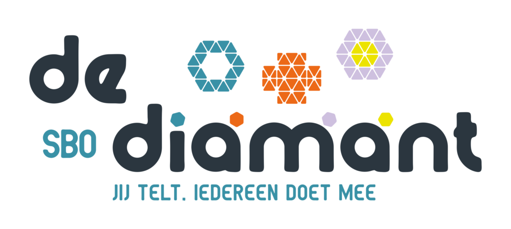 Logo van SBO De Diamant met drie beeldvormen en de tagline Jij telt. Iedereen doet mee.