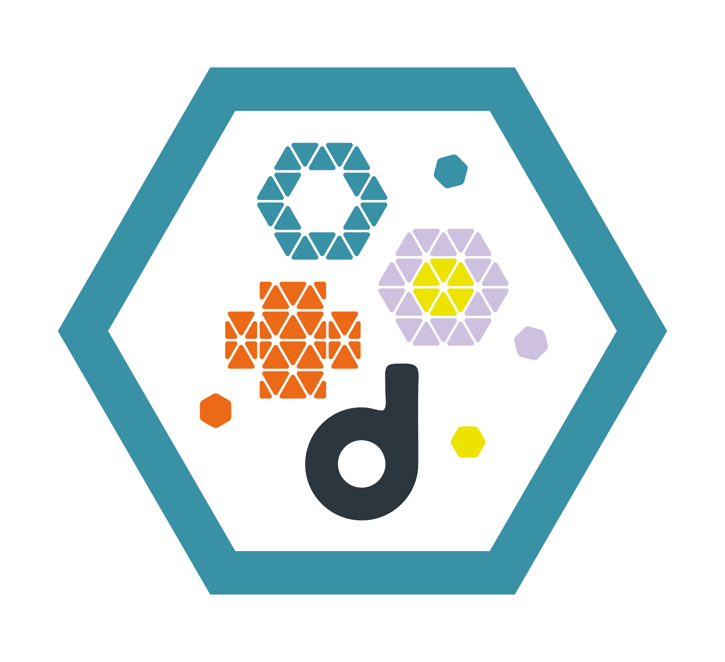 Zeshoekige merkcompositie van De Diamant met de drie beeldvormen en de letter d.