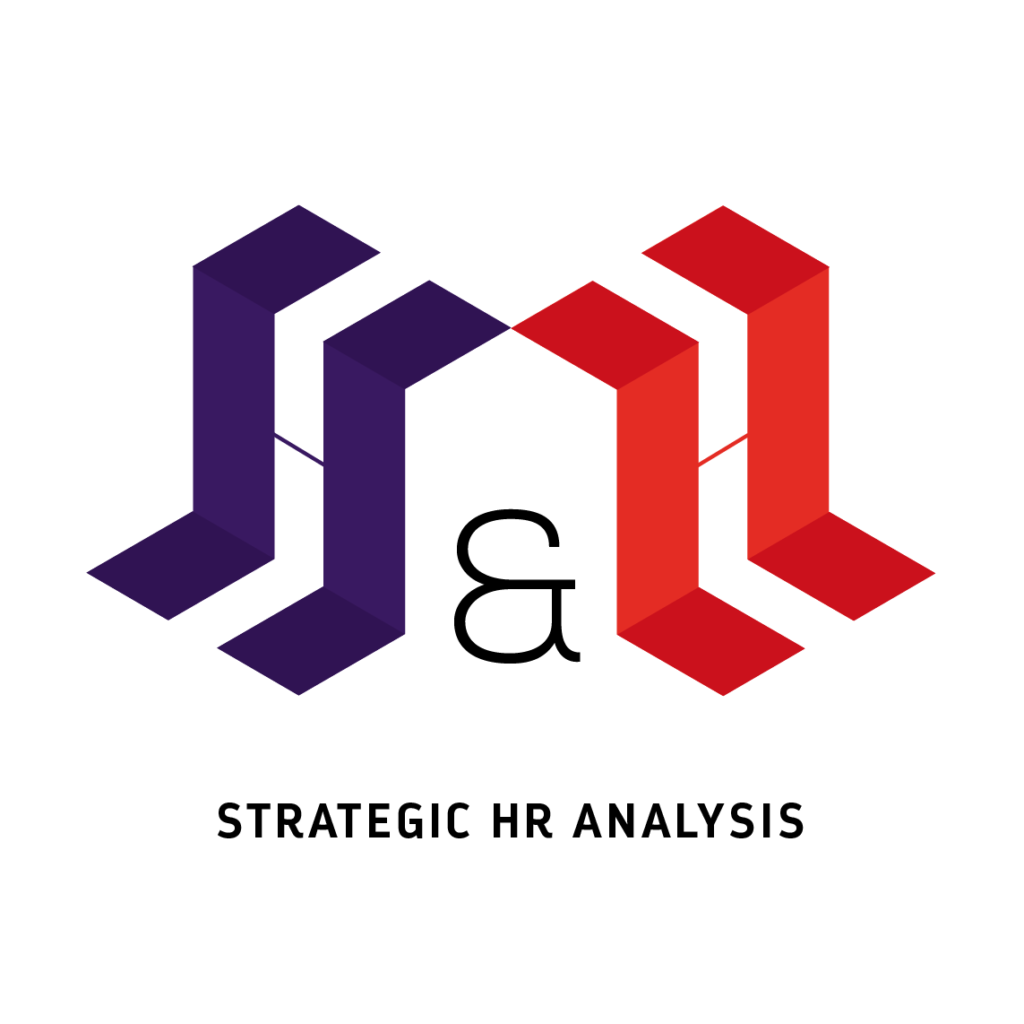 H&H-beeldmerk met twee steunende H-vormen in paars en rood en de tagline Strategic HR Analysis