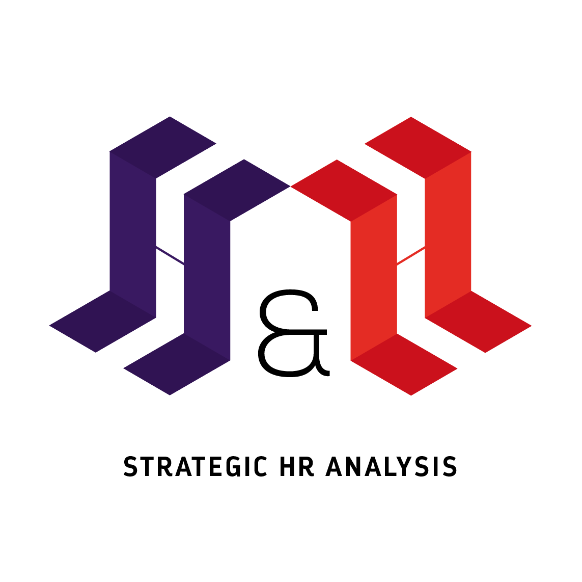 H&H-beeldmerk met twee steunende H-vormen in paars en rood en de tagline Strategic HR Analysis