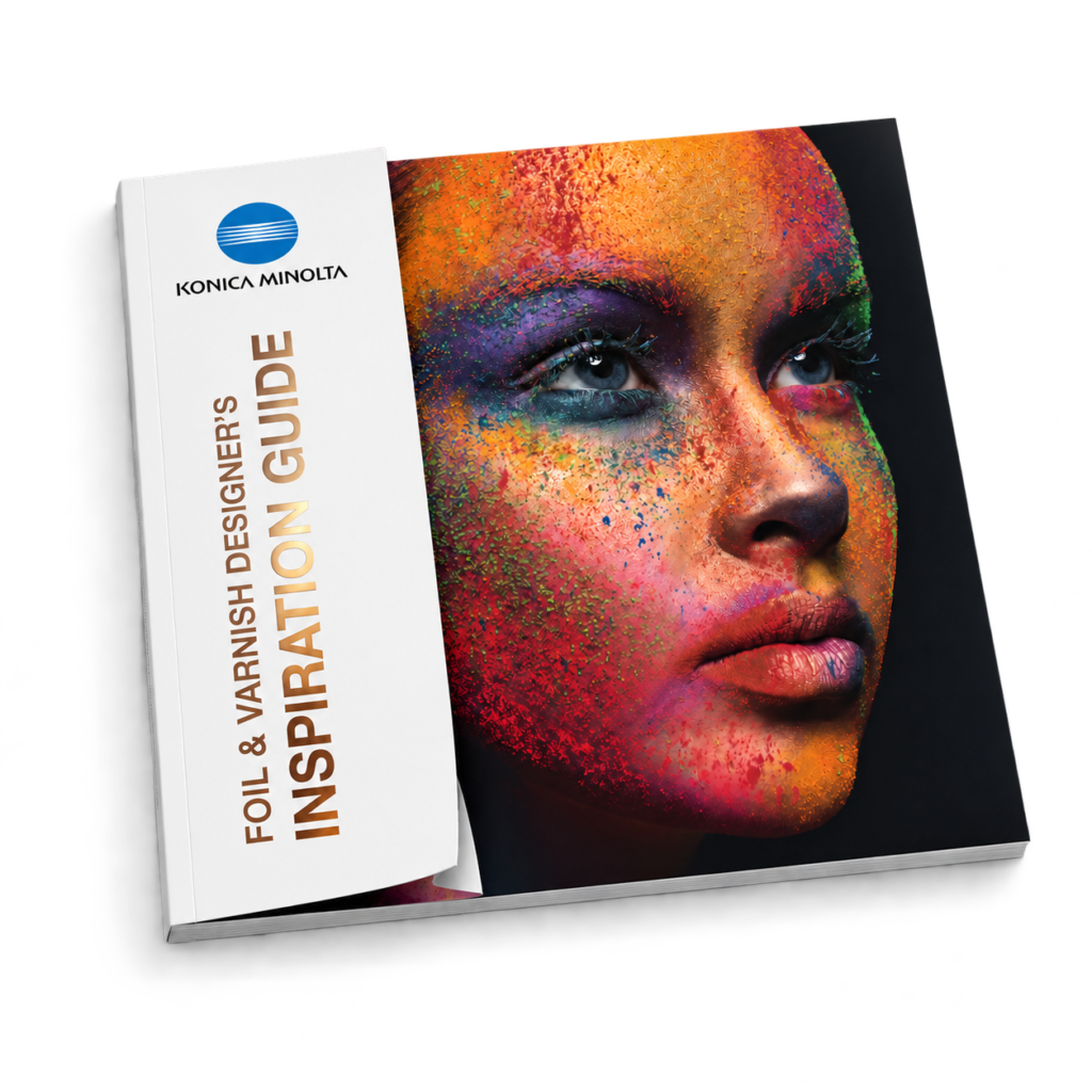 Konica Minolta Designers Inspiration Guide met witte flap en goudfolie over de kleurrijke softcover