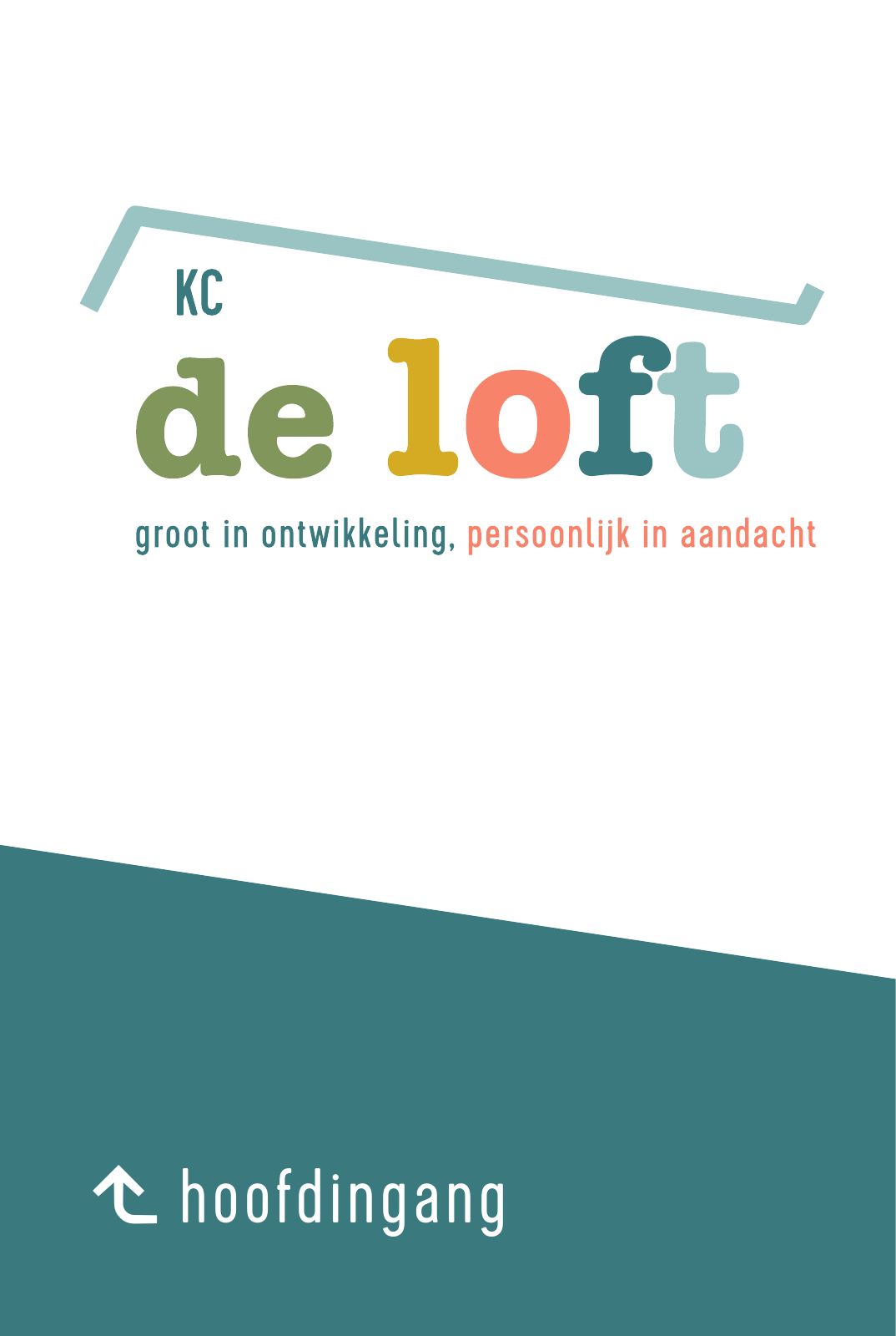 Muurbord met KC De Loft-logo en richting naar de hoofdingang