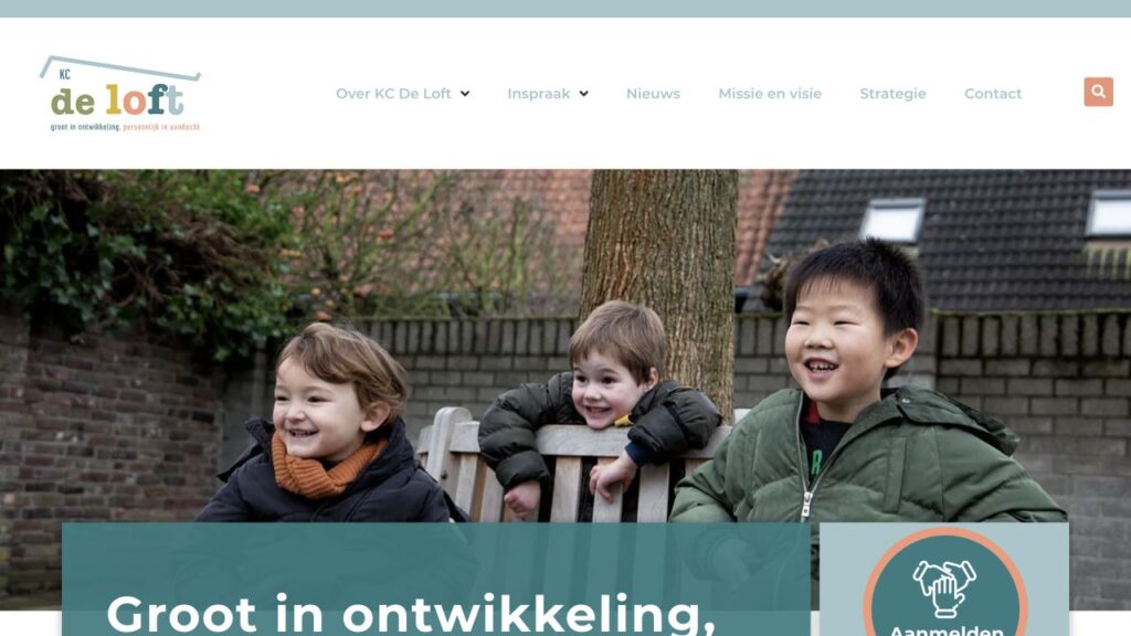 Homepage van KC De Loft met eigen huisstijl en fotografie
