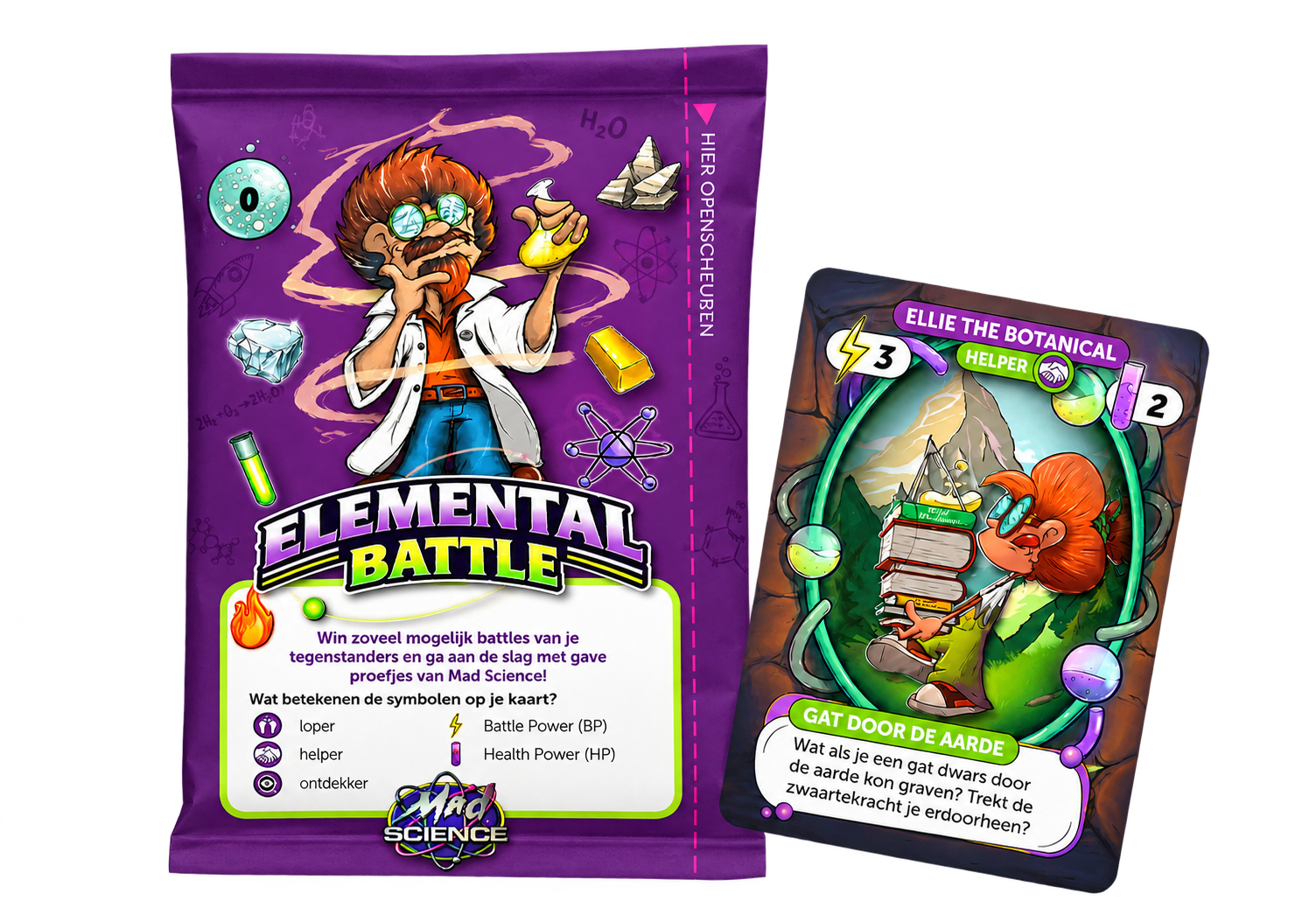 Mad Science Elemental Battle: papieren zakje met scheurrand en trading card