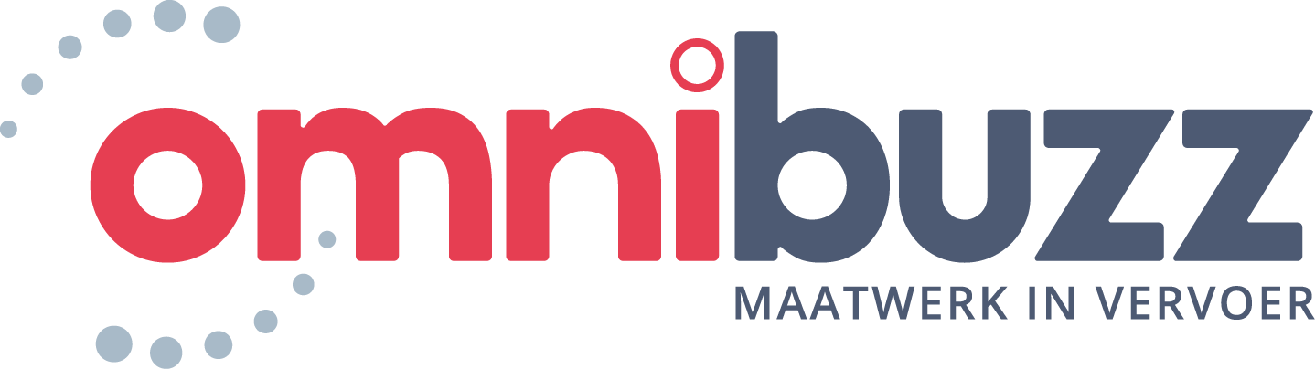 Omnibuzz-logo met rode en blauwgrijze letters en cirkels rond de o